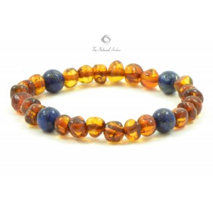 Cognac Baroque Polished Amber & Lapis Lazuli Beads Bracelet for Adult