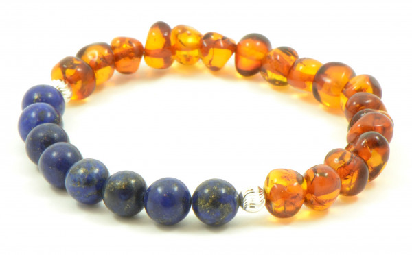 Cognac Baroque Polished Amber & Lapis Lazuli & Silver Beads Bracelet for Adult