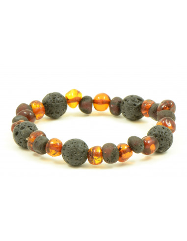 Cherry Baroque Raw & Cognac Polished Amber & Lava Beads Bracelet for Adult