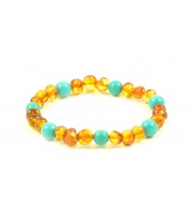 Cognac Polished Amber and Turquoise Beads Bracelet for Adult