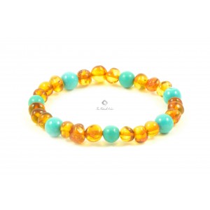 Cognac Polished Amber and Turquoise Beads Bracelet for Adult