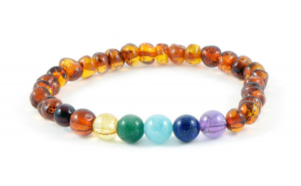 Cognac Polished Amber & Chakra Gemstone Bracelet for Adult
