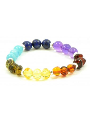 Rainbow Polished Amber & Gemstone & Silver Beads Bracelet for Adult