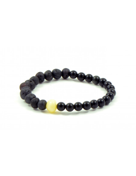Cherry & Milky Raw Amber  & Obsidian Beads Bracelet for Adult