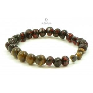 Cherry Baroque Polished Amber & Tiger Eye & Silver Beads Bracelet for Adult