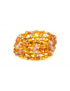 Cognac Baroque Polished Amber & Amethyst Chip Beads Bracelet for Adult on Flexible Band