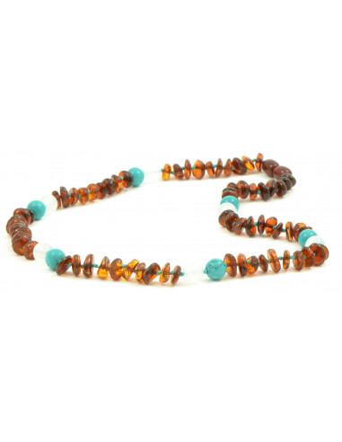 Cognac Half Baroque Polished Amber & White Agate & Green Turquoise Necklace for Adult