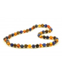 Cognac Baroque Polished Amber & Lapis Lazuli & Tiger Eye Beads Necklace for Adult