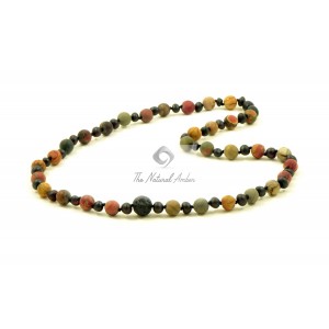 Cherry Round Raw Amber & Picture Jasper & Lava Beads Necklace for Adult