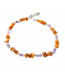 Cognac & Honey Raw Amber & Silver & Amethyst Beads Pet Collar with Adjustable Chain