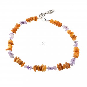 Cognac & Honey Raw Amber & Silver & Amethyst Beads Pet Collar with Adjustable Chain