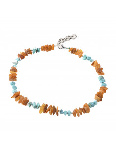 Cognac & Honey Raw Amber & Silver & Turquoise Beads Pet Collar with Adjustable Chain