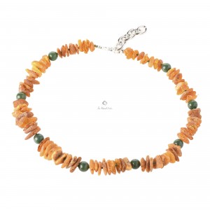 Cognac & Honey Raw Amber and African Jade Beads Pet Collar with Adjustable Chain