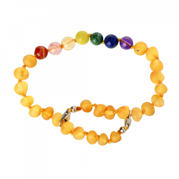 Honey Baroque Raw Amber & Chakra Beads Anklet for Adult  with 925 Sterling Silver Clasp