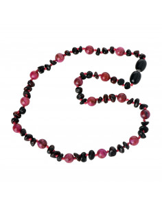 Cherry Half Baroque Polished Amber & Rose Agate Necklace for Child
