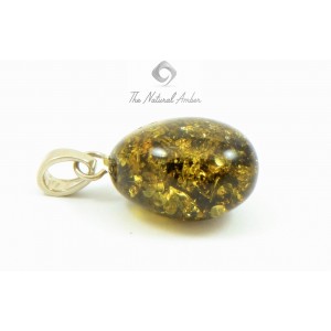 Green Oval Amber Pendant with Sterling Silver 925