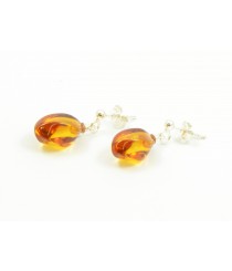 E103 Cognac Twisted Amber Drop Earrings with Sterling Silver 925