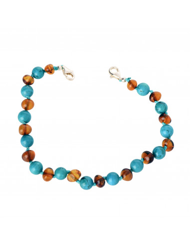 Cognac Baroque Polished Amber and Turquoise Beads Anklet for  Adult with 925 Sterling Silver Clasp