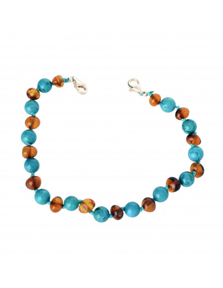 Cognac Baroque Polished Amber and Turquoise Beads Anklet for  Adult with 925 Sterling Silver Clasp