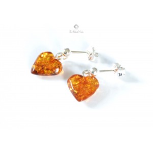 Honey Polished Amber Heart Drop Earrings with Sterling Silver 925