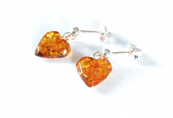Honey Polished Amber Heart Drop Earrings with Sterling Silver 925