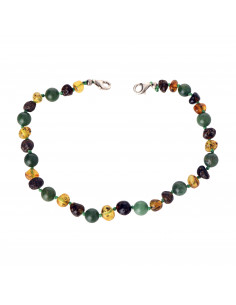 Green Baroque Polished Amber and African Jade Beads Anklet for Adult with 925 Sterling Silver Clasp