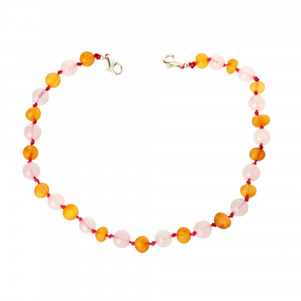 Raw Honey Amber and Rose Quartz Beads Adult Anklet with Sterling Silver 925 Clasp
