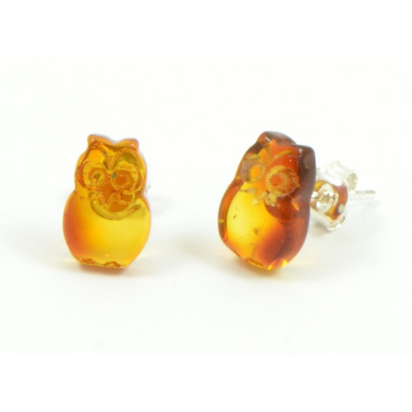 Cognac Owl Amber Stud Earrings with Sterling Silver 925