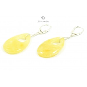 Milky Oval Amber Drop Earrings with Sterling Silver 925