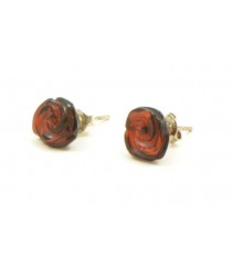 Cherry Polished Amber Rose Stud Earrings with Sterling Silver 925