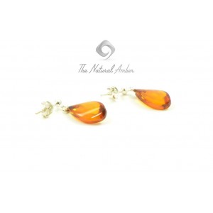 Cognac Polished Amber Earrings with Sterling Silver 925