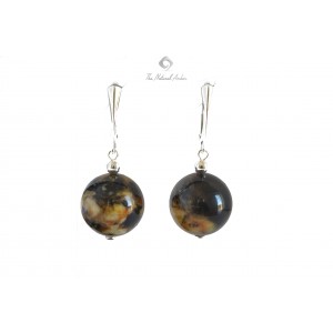 Green Amber Round Earrings with Sterling Silver 925