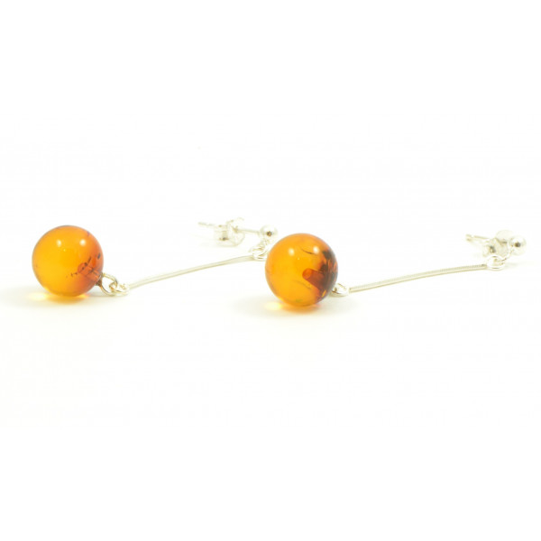Cognac Round Amber Drop Earrings with Sterling Silver 925