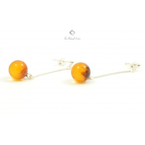 Cognac Round Amber Drop Earrings with Sterling Silver 925