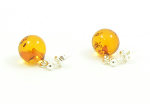 Cognac Round Amber Drop Earrings with Sterling Silver 925