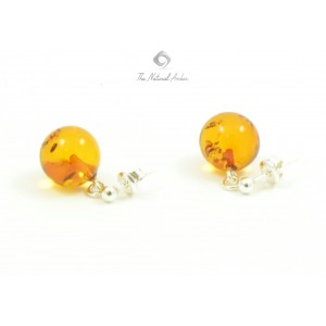 Cognac Round Amber Drop Earrings with Sterling Silver 925