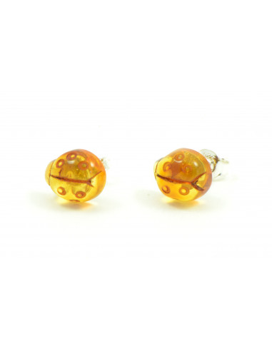 Baltic Amber Ladybug Stud Earrings with Sterling Silver 925