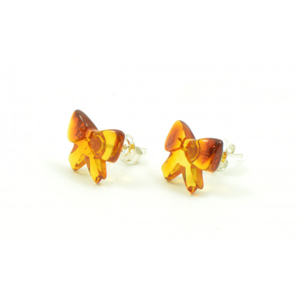 Cognac Amber Ribbon Stud Earrings with Sterling Silver 925