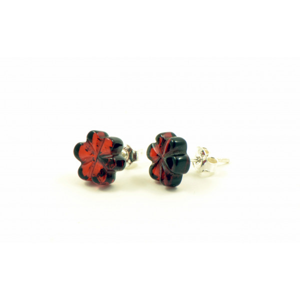 Cherry Amber Flower Stud Earrings with Sterling Silver 925