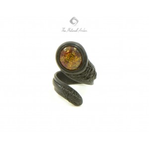 Leather and  Green Baltic Amber Ring