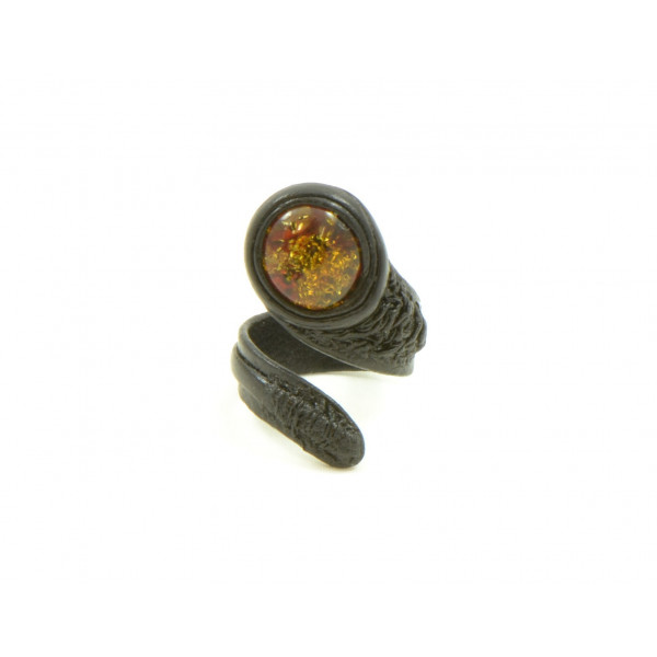 Leather and  Green Baltic Amber Ring