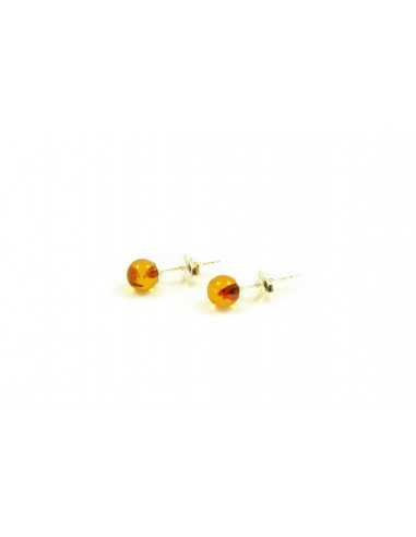 Cognac Polished Amber Stud Earrings with Sterling Silver 925
