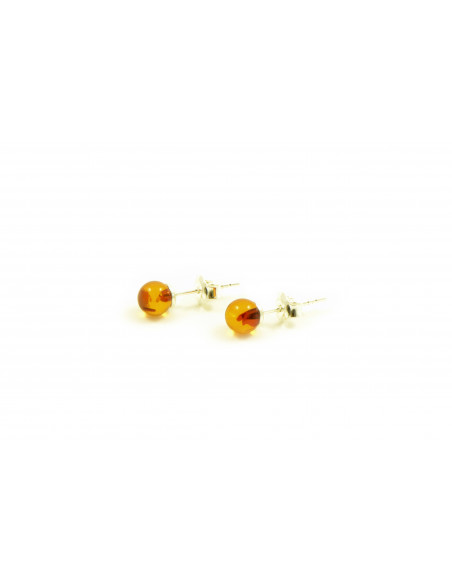 Cognac Polished Amber Stud Earrings with Sterling Silver 925