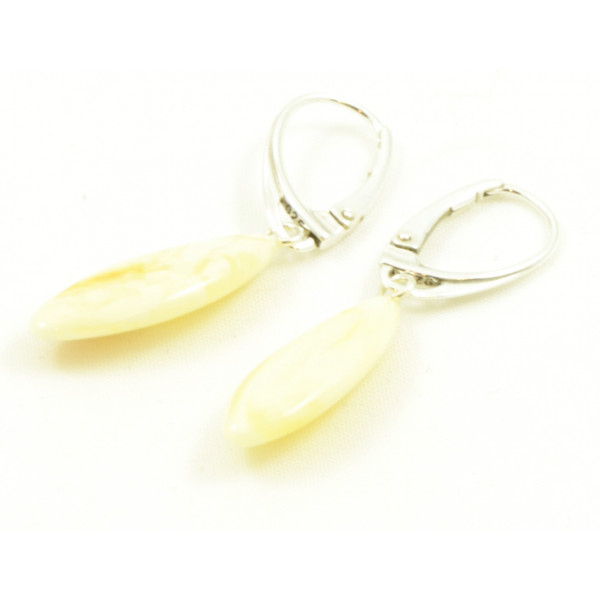 Milky Polished Amber Drop Earrings with 925 Sterling Silver
