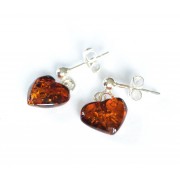 Cognac Polished Amber Heart Drop Earrings with Sterling Silver 925