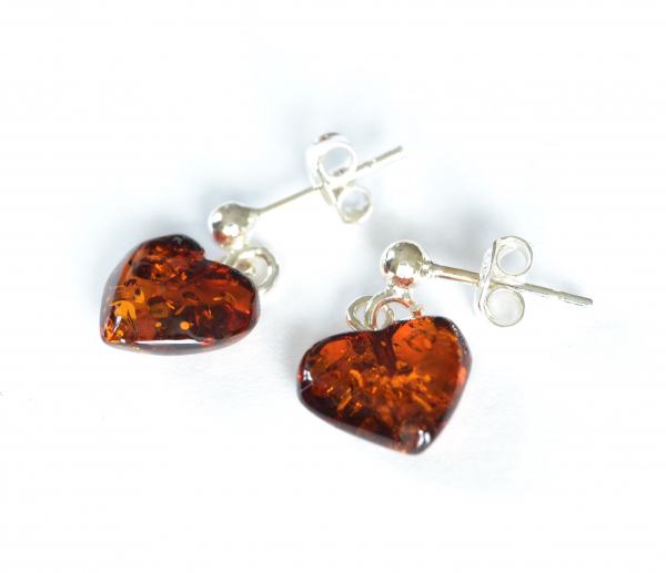 Cognac Polished Amber Heart Drop Earrings with Sterling Silver 925