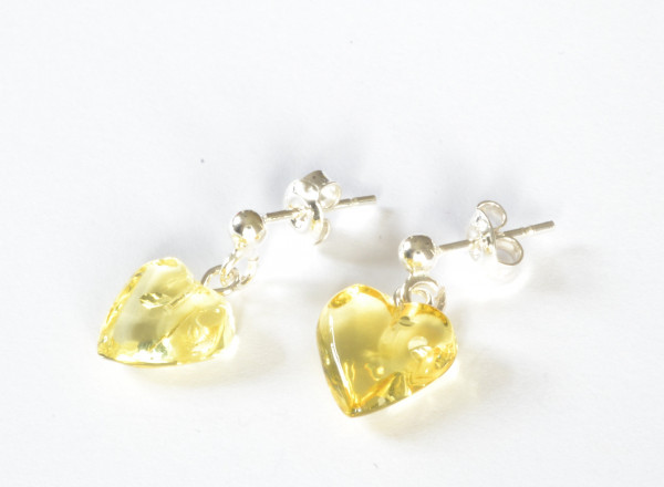 Lemon Polished Amber Heart Drop Earrings with Sterling Silver 925