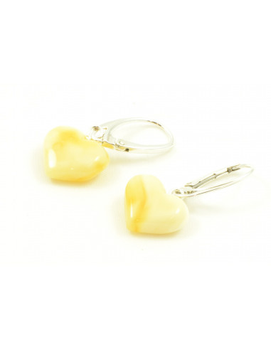 Milky Polished Amber Heart Drop Earrings with Sterling Silver 925