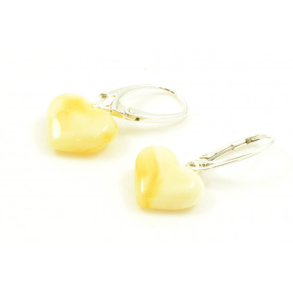 Milky Polished Amber Heart Drop Earrings with Sterling Silver 925