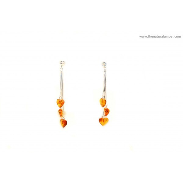 Cognac Polished Amber Heart Drop Earrings  with Sterling Silver 925